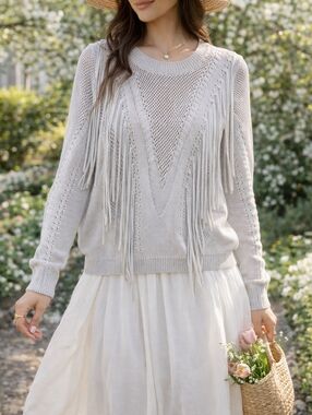 Ronny Kobo Fringe Open Knit Pointelle Sweater in Grey - Size M